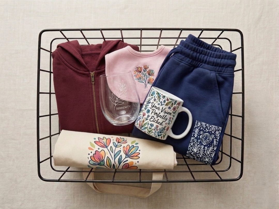 Mand met bedrukte shirts, een mok en een glas